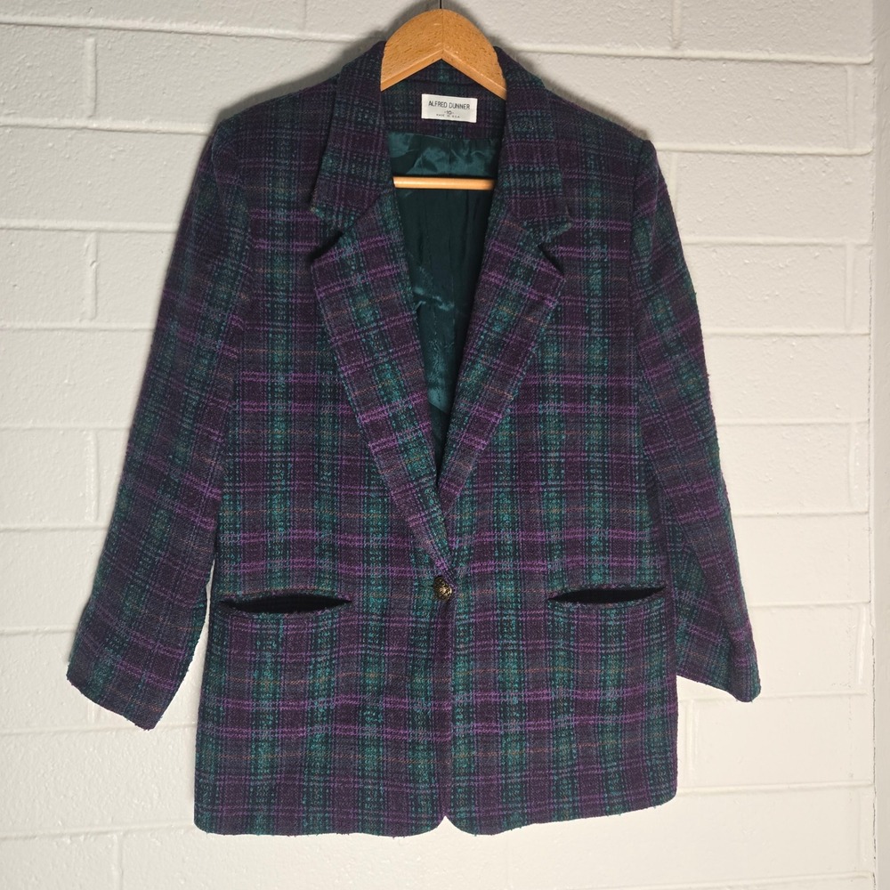 Vtg Alfred Dunner Womens Blazer Plaid Wool Office Siren Tweed Career USA 10 M